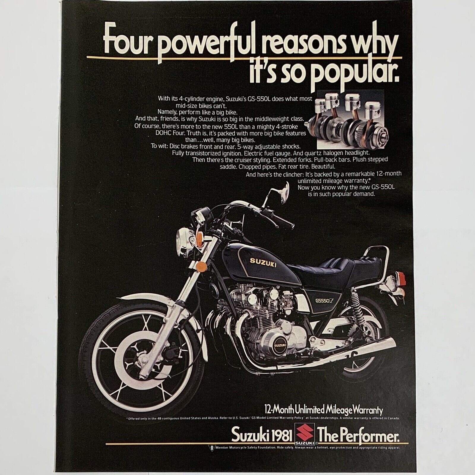 Vintage 1980's Suzuki Motorcycle Magazine Print Ad GS550L