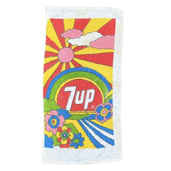 Vtg 1970's Peter Max 7 Up Beach Towel Sun Flowers Clouds Red Pink Blue 26" x 52"