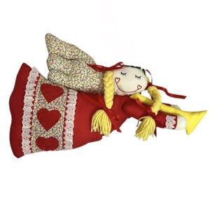 Vtg Handmade Fabric Christmas Angel w/ Trumpet Holiday Folk Art Wall Decor 18&quot;
