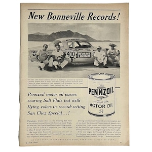 Vtg 1960 Pennzoil Motor Oil Bonneville Salt Flats Studebaker Print Ad 8&quot; x 11&quot;