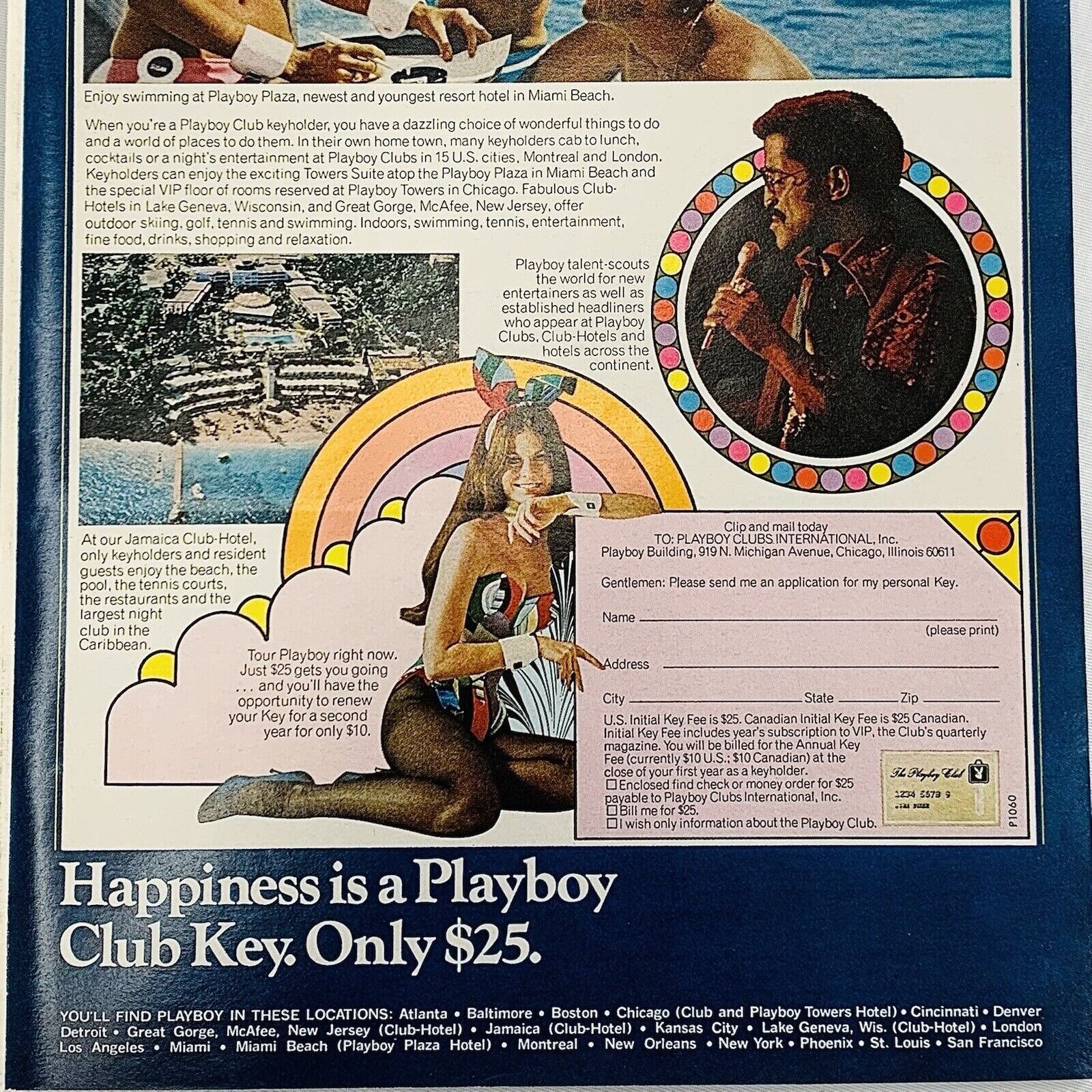 1972 Playboy Club Vintage Magazine Print Ad Sammy Davis Jr Bunnies