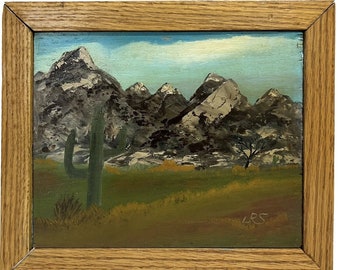 Pittura a olio originale arte popolare deserto montagne cactus John R Steele 9" x 11"