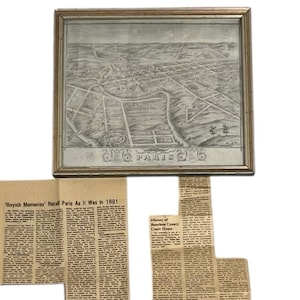 Stara oprawiona mapa Paryża Kentucky 9 x 10 z artykułami historycznymi z gazet