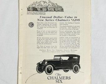 Vintage 1922 Chalmers Motor Car Company impression publicité The Chalmers Six Detroit Michigan
