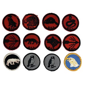 Op de afbeelding: Een verzameling vintage BSA-patches. De ronde patches hebben rode of zwarte achtergronden en tonen verschillende dieren- en natuurelementen, waaronder een uil, een beer en een adelaar. De patches zijn waarschijnlijk van de Boy Scouts of America.