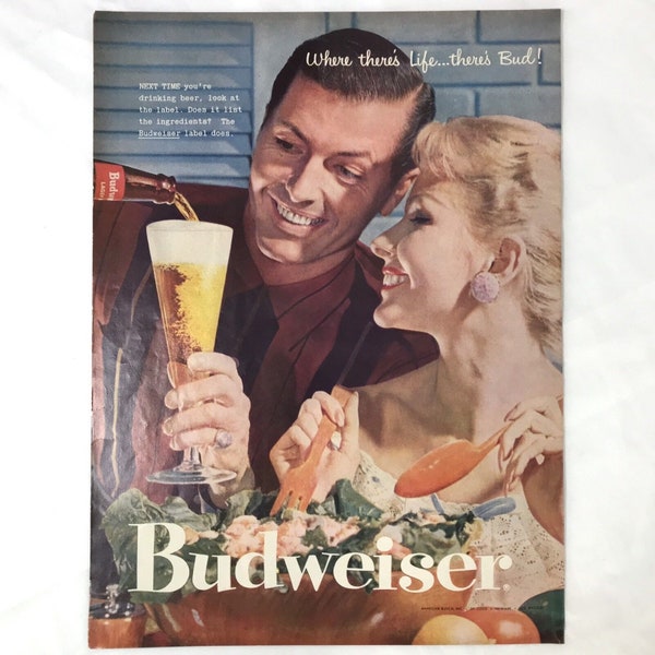 Budweiser Beer Vintage Magazine Print Ad 1957 Where There's Life There's Bud