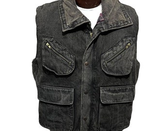 1990's Black Faded Denim Vest Flannel Lined Padded Hunting Outdoors Mens Size L