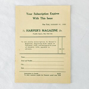 Harper's Magazine 1922 Jaarlijkse abonnementsvervalherinneringskaart 7 "x 5"