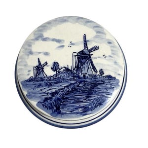 Delfts Blue Holland Windmill Trinket Box 5&quot; Round Covered Hand Painted Ceramic
