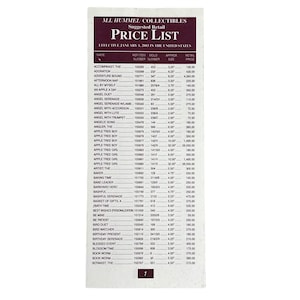 Può includere: Un listino prezzi per i collezionabili M.I. Hummel, in vigore dal 1° gennaio 2003. L'elenco include il nome di ogni oggetto da collezione, il numero dell'articolo, il numero dello stampo, la dimensione approssimativa e il prezzo di vendita al pubblico.