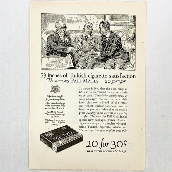 Vintage 1920's Pall Mall Famous Cigarettes Cigarette Advertising Print Ad