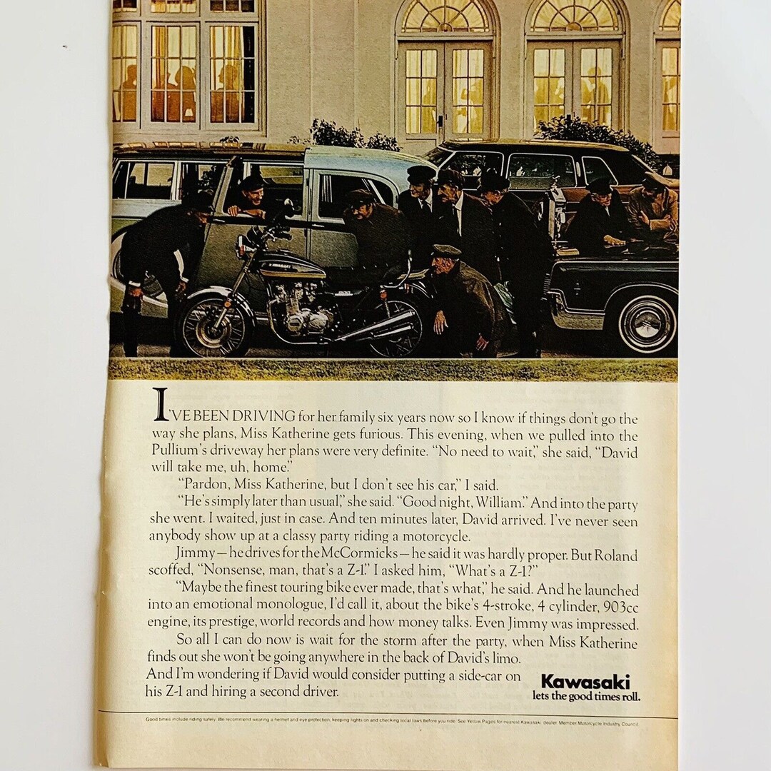 Vintage 1975 Kawasaki Z-1 Motorcycle Magazine Print Ad Full Color