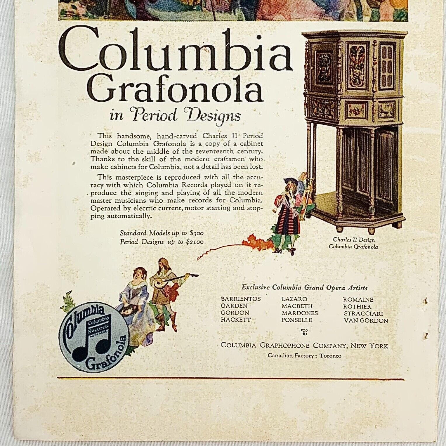 Vintage 1920's Columbia Grafonola Phonograph Advertising Print Ad