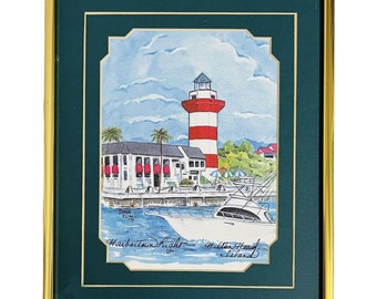 Harbortown Lighthouse Hilton Head Island Art Print Donna Elias Framed Vtg 1990's