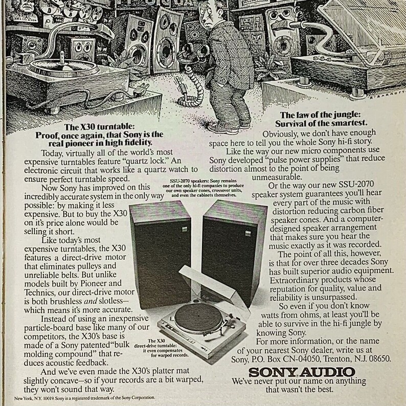 May include: A vintage advertisement for Sony audio equipment. The ad features a black and white illustration of a man holding a turntable. The text highlights the features of the X30 turntable, including its quartz lock, direct-drive motor, and slotless design. The ad also mentions the SSU-2070 speaker system, which features carbon fiber speaker cones and a computer-designed speaker arrangement.