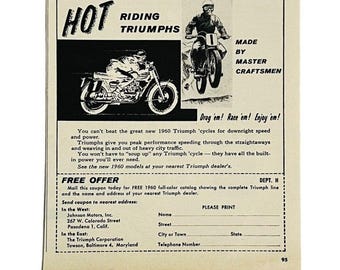 Anuncio impreso de equipo de revista Johnson Motors Pasadena de motocicleta Triumph antigua de 1959