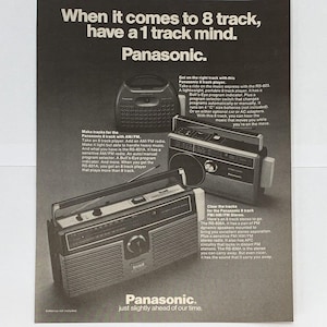 Anuncio impreso vintage de un boombox portátil Panasonic de 8 pistas de los años 70, 11 x 8