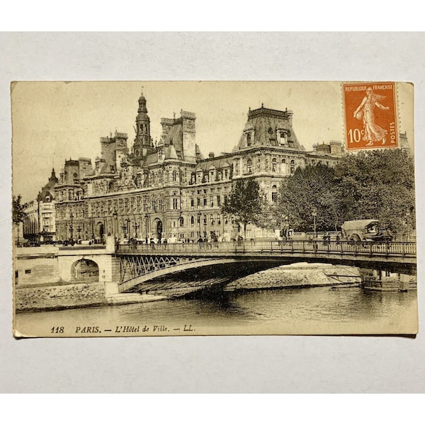 Hotel de Ville Paris France RPPC Postcard Pont dArcole Bridge Postmarked 1920