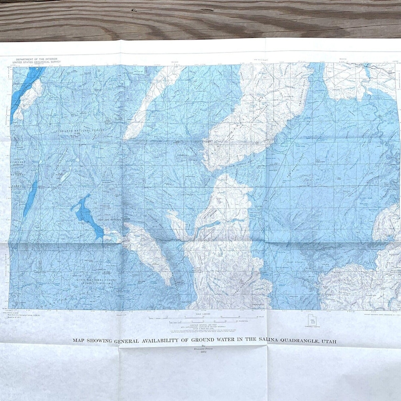 May include: A blue and white map showing the general availability of ground water in the Salina Quadrangle, Utah. The map is dated 1952.
