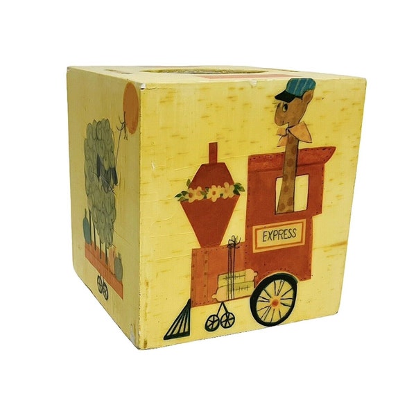 Vintage Tissue Box Cover Teddy Bears Train Giraffe Marys Lamb 5.25" x 5.25"