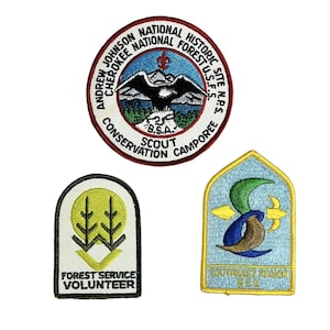 Może przedstawiać: Trzy haftowane naszywki. Górna naszywka jest okrągła i przedstawia czerwony, biały i niebieski wzór z orłem i tekstem "Andrew Johnson Cherokee National Forest U.S.F.S. National Historic Site NPS Conservation Scout Camporee B.S.A.". Lewa naszywka jest prostokątna i przedstawia zielono-żółty wzór z tekstem "Forest Service Volunteer". Prawa naszywka ma kształt spiczastego łuku i przedstawia niebiesko-zielono-żółty wzór z tekstem "Southeast Region B.S.A."