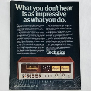May include: A vintage advertisement for a Technics by Panasonic RS-63OUS cassette deck. The ad features a close-up of the cassette deck with a woodgrain finish and a black faceplate. The text highlights the high-quality sound and features of the deck, including Dolby noise reduction and a two-stage direct-coupled equalizer.
