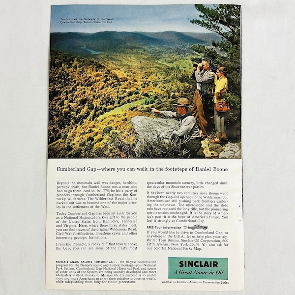 Vintage 1957 Sinclair Oil Original Print Ad Full Page Cumberland Gap 7" x 10"