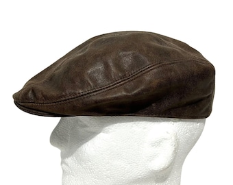 Vintage Henschel Brown Genuine Leather Newsboy Cap Cabbie Hat Adult Size S / M