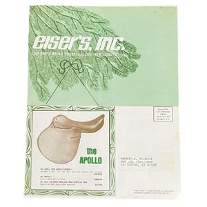 May include: An advertisement for "eiser's, Inc." featuring a drawing of a saddle labeled "the APOLLO." The ad includes product details and a mailing address. The background is light green with a tree branch design.