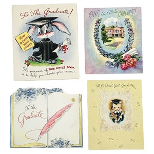 May include: Four vintage graduation cards with different designs. The first card features a cartoon bunny wearing a graduation cap and gown. The second card has a wreath of flowers around a school building. The third card is a book with a feather and the text "To the Graduate". The fourth card has a girl wearing a graduation cap and gown holding a bouquet of flowers.