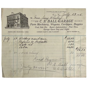 Vintage 1920's Paris Ky C S Ball Garage Buick Receipt Invoice Farm Wagons Carriages