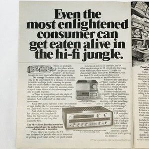 May include: A vintage advertisement for Sony's V4 receiver, featuring a black and silver receiver with a sleek design. The ad highlights the receiver's powerful sound, clear audio, and high fidelity. The text emphasizes the importance of getting good value for your money when purchasing a hi-fi system.