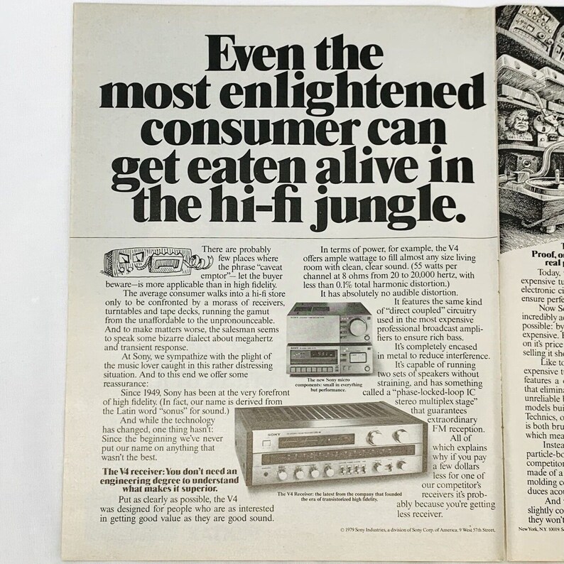 May include: A vintage advertisement for Sony's V4 receiver, featuring a black and silver receiver with a sleek design. The ad highlights the receiver's powerful sound, clear audio, and high fidelity. The text emphasizes the importance of getting good value for your money when purchasing a hi-fi system.