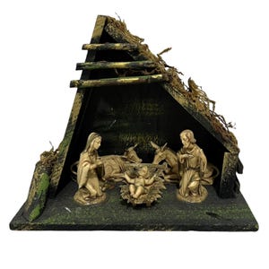 Vintage Fontanini Depose Italy Nativity Set 5 Figures and Wood Manger 8 x 10 x 5