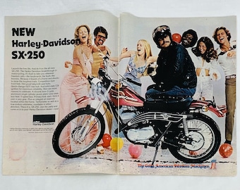 Vintage 1970&#39;s Harley Davidson SX-250 Motorcycle Color Magazine Print Ad 16 x 10