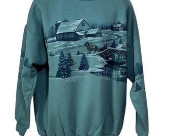 Vintage Artisans Sunschein Designs Winter Snow Cabin Horse Green USA Sweatshirt L