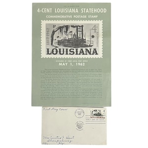 Cartel y folleto de sello postal antiguo de EE. UU. de 1962 Barco fluvial con estatus de estado de Luisiana