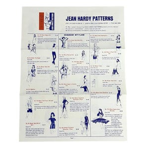 May include: A vintage Jean Hardy Patterns catalog sheet printed on white paper with blue text and black line illustrations of various clothing styles. The document includes pattern numbers, descriptions, and prices for multiple garment designs.