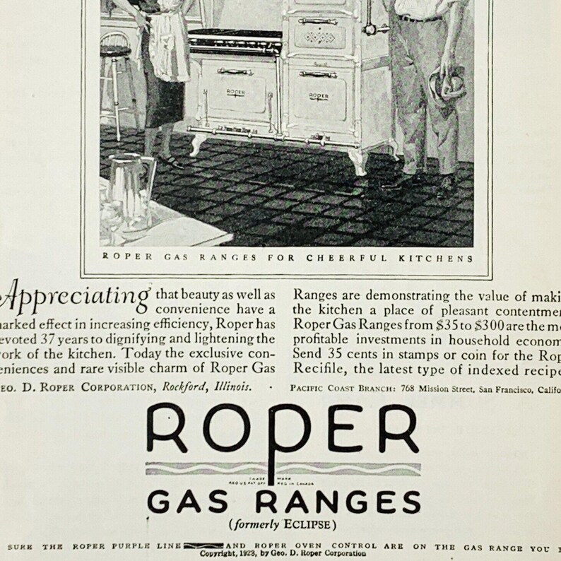 Vintage 1923 Roper Gas Ranges Print Ad Inspected by A Woman George D ...