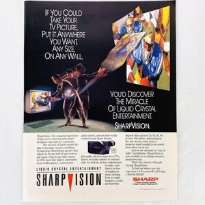 May include: An advertisement for SharpVision, featuring text: "If you could take your TV picture, put it anywhere you want, any size, on any wall." The ad includes an illustration of a football game and people interacting with a projected image.