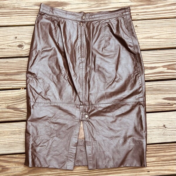 Vintage Brown Back Slit Low Waist Leather Maxi Skirt main image 0