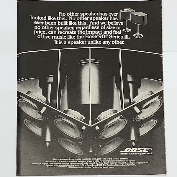 Vintage 1970's Magazine Print Ad Bose Model 901 Series III Speakers B&W 8 x 10