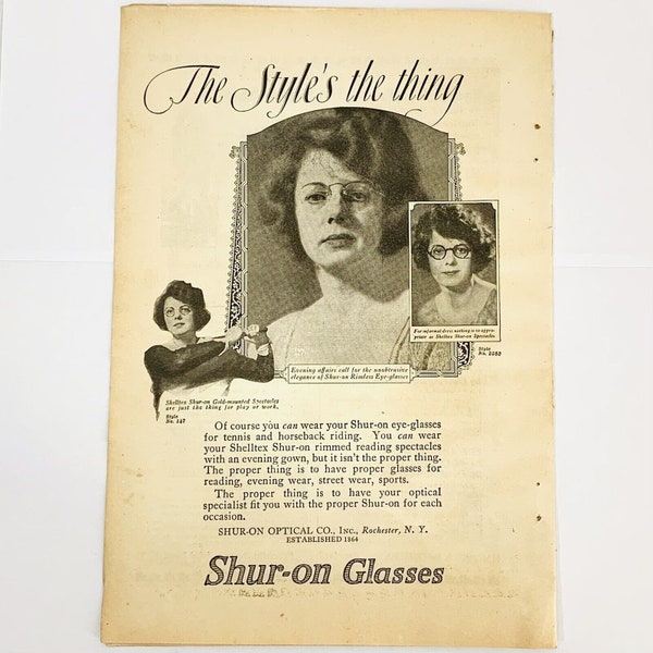 Vintage 1922 Shur-on Print Ad Spectacles & Eyeglasses Shelltex Shur-On Optical