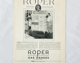 Anuncio impreso de cocinas de gas Roper vintage de 1923 inspeccionado por una mujer George D Roper Corp