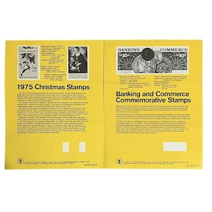Cartel de sellos postales de EE. UU. de 1975, folleto, sellos navideños, banca y comercio