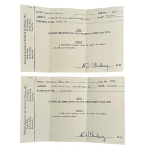 Vintage 1950 Stroudsburg Pa Wyniki badania krwi na kiłę na potrzeby licencji małżeńskiej