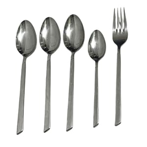 May include: A collection of five stainless steel cutlery items against a white backdrop. The set comprises four spoons of different sizes and a fork. The spoons feature oval bowls and long, rectangular handles. The fork has four tines and a matching handle.