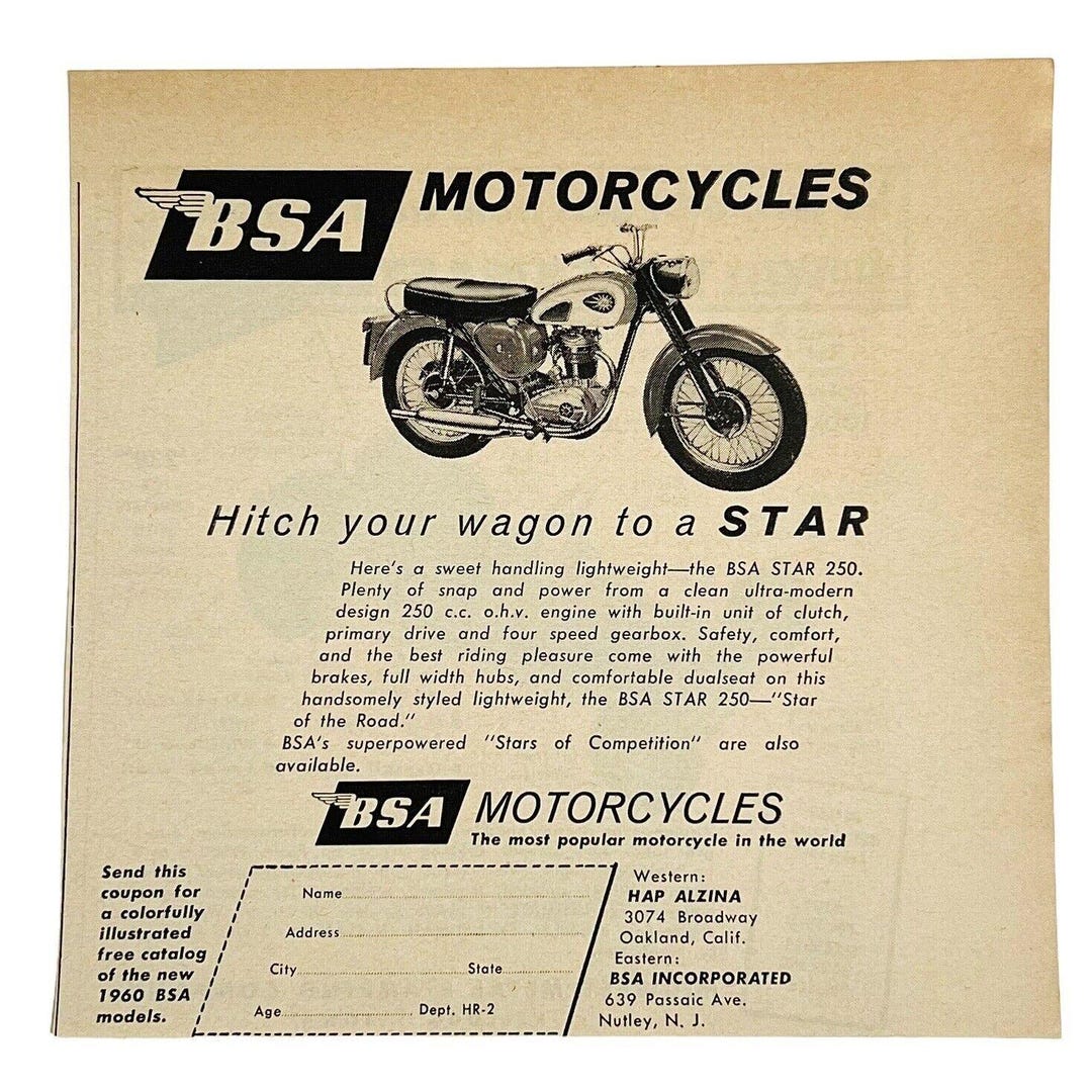 ヴィンテージ 1960 BSA スター 250 オートバイ雑誌印刷広告 5.5