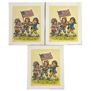 Vintage MCM konsttryck, parti med 2 barn, patriotisk tvåhundraårsflagga, 12,5 x 15,5 cm