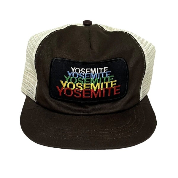 Vintage 1980's Yosemite National Park Trucker Snapback Mesh Hat Rainbow Patch